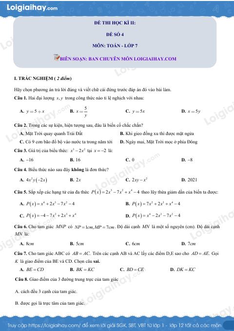 Đề thi học kì 2 Toán 7 - Đề số 4 - Chân trời sáng tạo